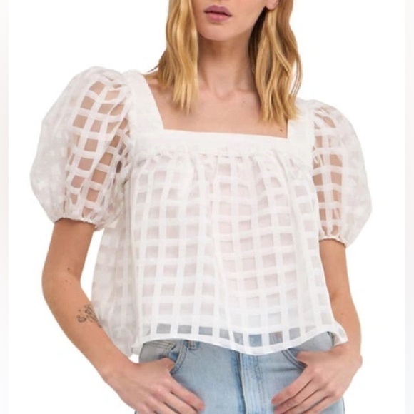 English Factory White Grid Pattern Puff Sleeve Organza Top- Size Extra Small - Picture 2 of 14